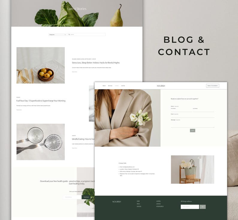 May include: A website design with a clean, minimalist aesthetic. The layout features a blog section with articles and a contact page. The color palette is primarily white and green, with images of food and flowers.
