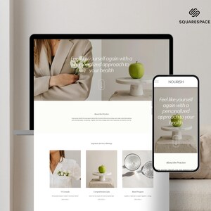 May include: A laptop and smartphone display a website with the text "Feel like yourself again with a personalized approach to your health." The website features images of an apple on a pedestal and a person holding flowers. The smartphone displays the word "NOURISH".
