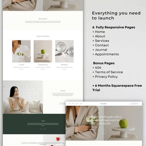 May include: A website design layout with the text "Everything you need to launch" and a list of features, including responsive pages and bonus pages. The design includes images of a green apple on a white pedestal.