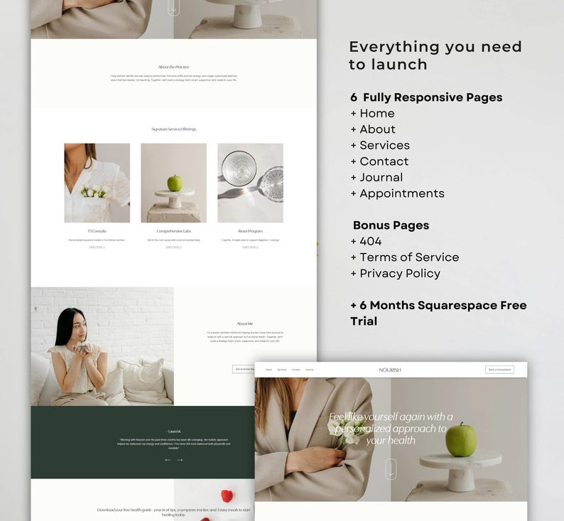 May include: A website design layout with the text "Everything you need to launch" and a list of features, including responsive pages and bonus pages. The design includes images of a green apple on a white pedestal.