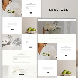 May include: A website layout with the word "SERVICES" in the center. The layout includes sections with text fields, images of green apples in a bowl, and a woman wearing a white shirt with flowers in the pocket. The website has a clean, minimalist design.