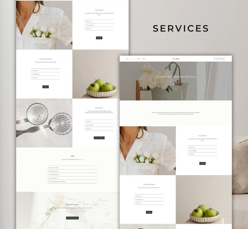 May include: A website layout with the word "SERVICES" in the center. The layout includes sections with text fields, images of green apples in a bowl, and a woman wearing a white shirt with flowers in the pocket. The website has a clean, minimalist design.