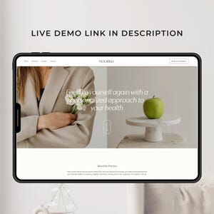 May include: A digital tablet displays a website with the text "NOURISH" and the tagline "Feel like yourself again with a personalized approach to your health." A green apple sits on a marble pedestal. The text "LIVE DEMO LINK IN DESCRIPTION" is at the top.