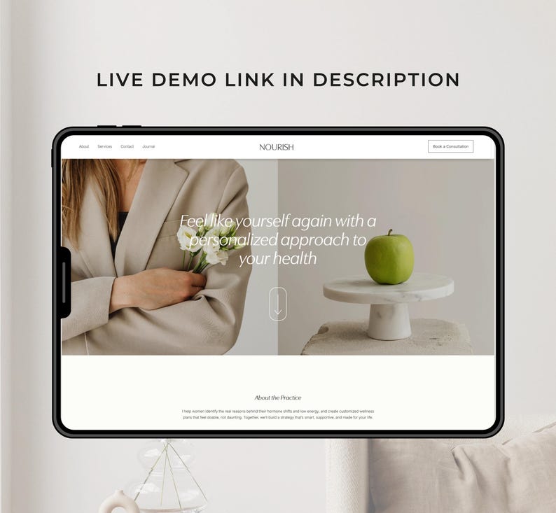 May include: A digital tablet displays a website with the text "NOURISH" and the tagline "Feel like yourself again with a personalized approach to your health." A green apple sits on a marble pedestal. The text "LIVE DEMO LINK IN DESCRIPTION" is at the top.