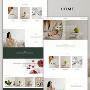 May include: A website design with a clean, minimalist aesthetic. The homepage features the word "HOME" in a bold font. The design incorporates images of a green apple, flowers, and a glass of water, suggesting a focus on health and wellness.