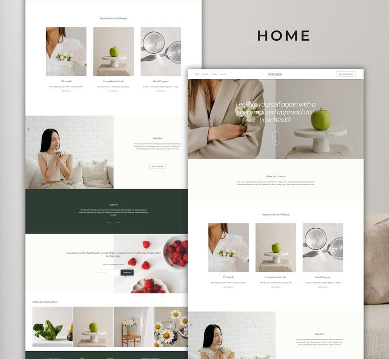 May include: A website design with a clean, minimalist aesthetic. The homepage features the word "HOME" in a bold font. The design incorporates images of a green apple, flowers, and a glass of water, suggesting a focus on health and wellness.