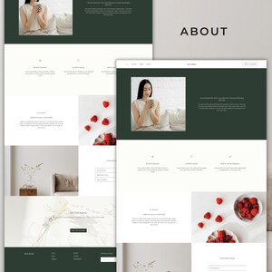 May include: A website layout with a dark green and white color scheme. The page includes the word "ABOUT" in black text. There are images of a woman holding a mug, raspberries, and decorative elements. The website design is clean and modern.