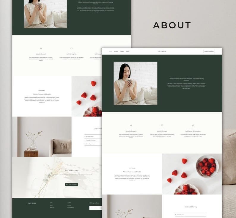 May include: A website layout with a dark green and white color scheme. The page includes the word "ABOUT" in black text. There are images of a woman holding a mug, raspberries, and decorative elements. The website design is clean and modern.