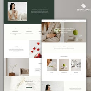 May include: Website design featuring a woman holding a cup, raspberries, and a green apple on a pedestal. The website has a clean, minimalist aesthetic with a focus on health and wellness. The Squarespace logo is visible.