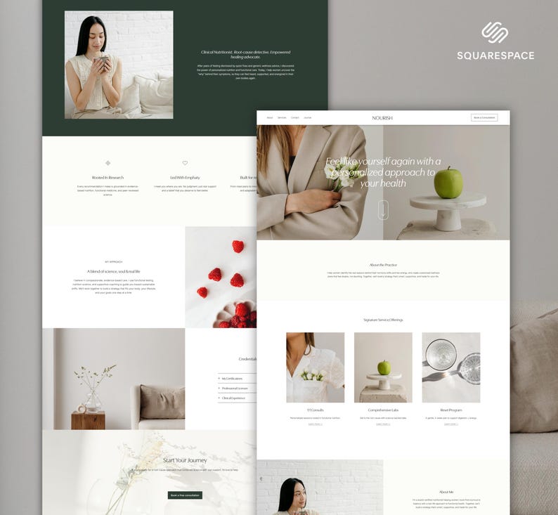 May include: Website design featuring a woman holding a cup, raspberries, and a green apple on a pedestal. The website has a clean, minimalist aesthetic with a focus on health and wellness. The Squarespace logo is visible.