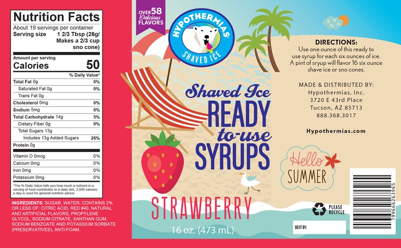May include: A red and white label with a strawberry graphic and the text "Shaved Ice Ready to-use Syrups Strawberry 16 oz. (473 mL)". The label is on a bottle of strawberry flavored syrup for shaved ice.