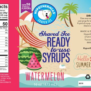 May include: A 16-ounce bottle of watermelon-flavored shaved ice syrup. The bottle has a red and white background with a beach scene and a polar bear logo. The text "Shaved Ice Ready to Use Syrups" is in blue letters. The bottle is labeled "Watermelon" and has a nutritional facts label.