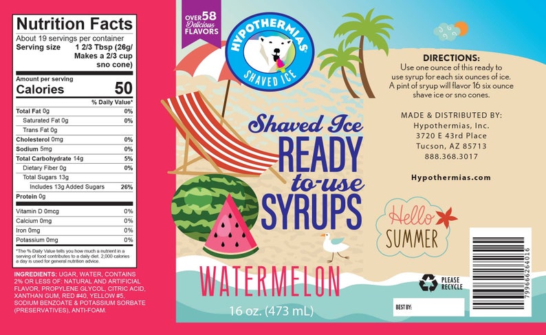 May include: A 16-ounce bottle of watermelon-flavored shaved ice syrup. The bottle has a red and white background with a beach scene and a polar bear logo. The text "Shaved Ice Ready to Use Syrups" is in blue letters. The bottle is labeled "Watermelon" and has a nutritional facts label.