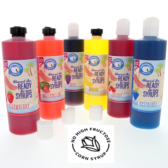 Shaved Ice Syrup, Snow Cone Syrup Flavors, Small Batch, 6 Pack 16 Fl. Oz each) Blue Raspberry, Cherry, Strawberry, Grape, Watermelon, Banana