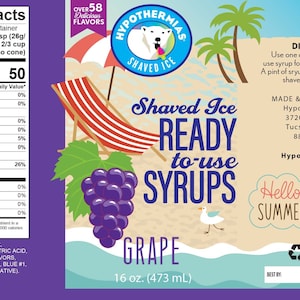 May include: A purple label with a bunch of grapes and a beach scene. The label says "Hypothermias Shaved Ice Ready to Use Syrups Grape 16 oz. (473 mL)".