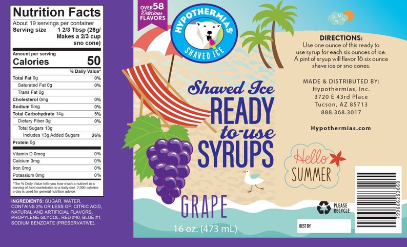 May include: A purple label with a bunch of grapes and a beach scene. The label says "Hypothermias Shaved Ice Ready to Use Syrups Grape 16 oz. (473 mL)".