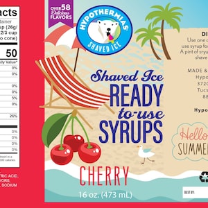 May include: A 16-ounce bottle of cherry-flavored shaved ice syrup. The bottle has a red label with a beach scene and a polar bear. The text "Hypothermias Shaved Ice" is on the label. The text "Cherry" and "Ready to use Syrups" is also on the label.