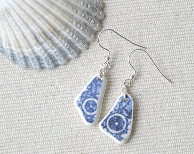 Scottish Blue And White Sea Pottery Sterling Silver Earrings