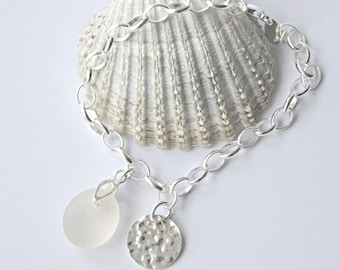 Seaham Sea Glass Bracelet: Sterling Silver, Hammered Disc Charm