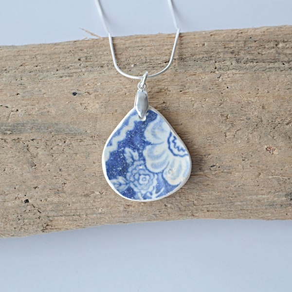 Scottish Blue Sea Pottery Necklace, Sterling Silver Necklace,  Scottish Sea Pottery Jewelry, Scottish Gift, Unique Gift For Her