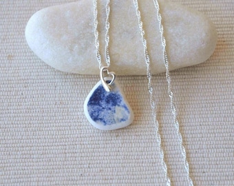 Sea Pottery Necklace, Sterling Silver Necklace, Blue Sea Pottery, Scottish Sea Pottery, Sea Pottery Jewellery, Unique Scottish Gift For Her