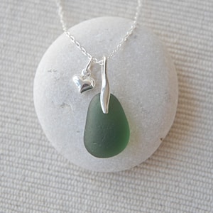 Seaham Sea Glass Necklace: Sterling Silver Heart Charm, Green Beach Glass