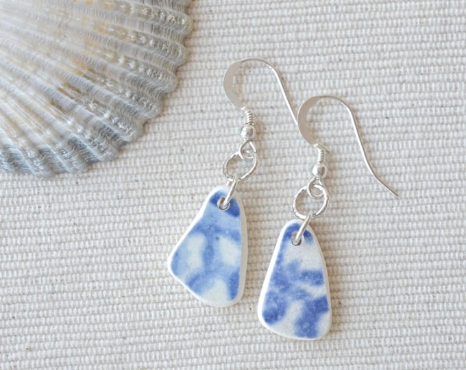 Scottish Blue And White Sea Pottery Sterling Silver Earrings
