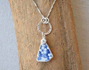 Sea Pottery Necklace, Sterling Silver Necklace, Blue Sea Pottery, Scottish Sea Pottery, Sea Pottery Jewellery,  Unique Scottish Gift For Her