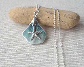 Sea Pottery Necklace, Sterling Silver Necklace, Green Sea Pottery, Scottish Sea Pottery, Starfish Charm, Sea Pottery Jewelry, Scottish Gift