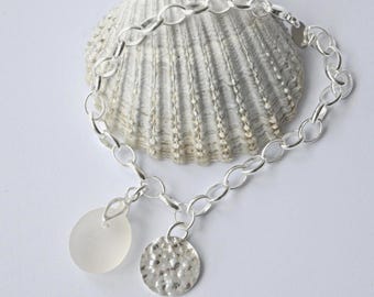 Seaham Sea Glass Bracelet: Sterling Silver, Hammered Disc Charm