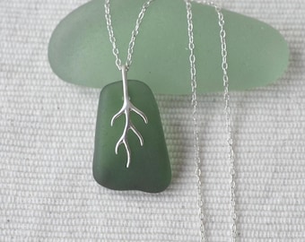 Scottish Green Sea Glass Necklace: Sterling Silver Seaweed Pendant