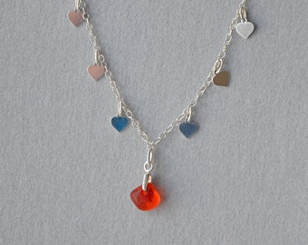 Sea Glass Necklace, Sterling Silver Necklace, Scottish Sea Glass, Heart Charms, Sea Glass Jewellery, Sea Glass Gift, Unique Gift for Her