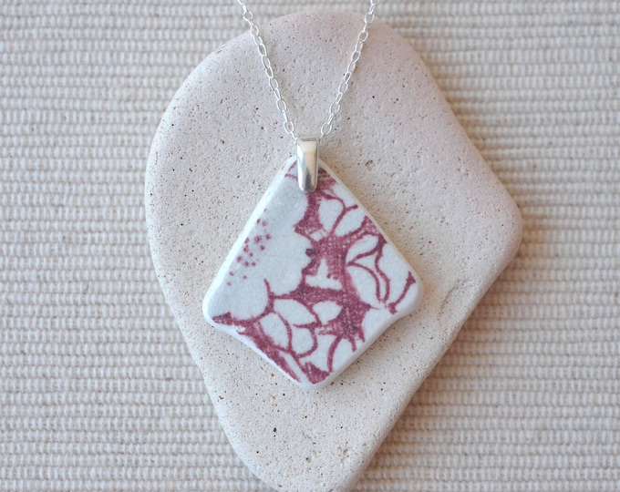 Scottish Red And White Sea Pottery Sterling Silver Necklace