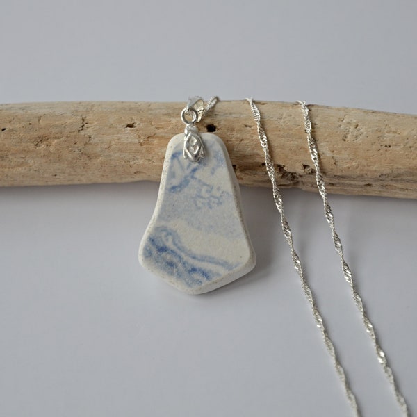 Sea Pottery Necklace, Sterling Silver Necklace, Blue And White Sea Pottery, Scottish Sea Pottery, Scottish Gift, Unique Gift For Her