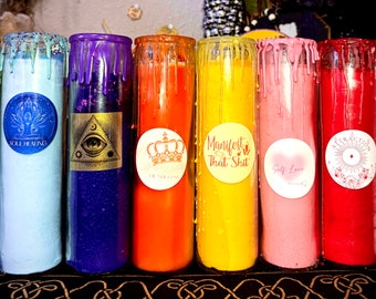 7 Day Powerful Spell Candles: Money, Luck, Love, Divination, Mental Health & More - Handcrafted Intention With Added Healing Crystals