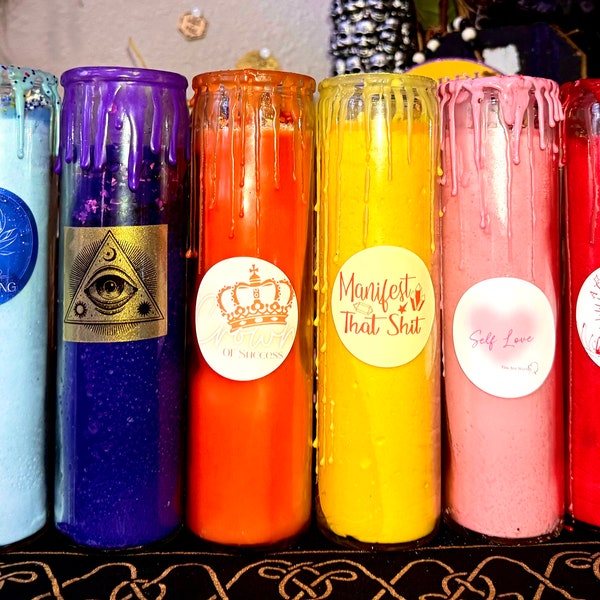 7 Day Powerful Spell Candles: Money, Luck, Love, Divination, Mental Health & More - Handcrafted Intention With Added Healing Crystals