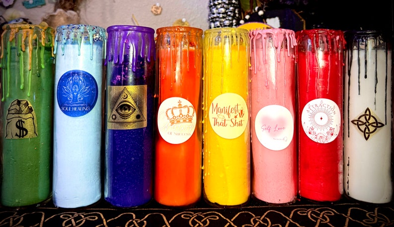 7 Day Powerful Spell Candles: Money, Luck, Love, Divination, Mental Health & More Handcrafted Intention With Added Healing Crystals image 1