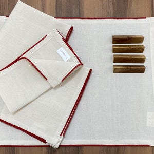 Cotton Placemat Set: Red Stitch Napkins & Wood Cutlery Stand