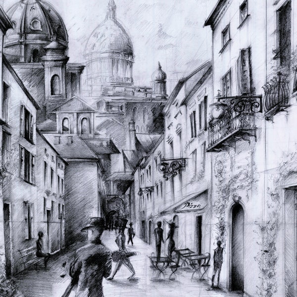 pencil drawing print, old town street, architecture drawing, classic art, black & white graphic, sketch, wall decoration, NinaArtDrawing