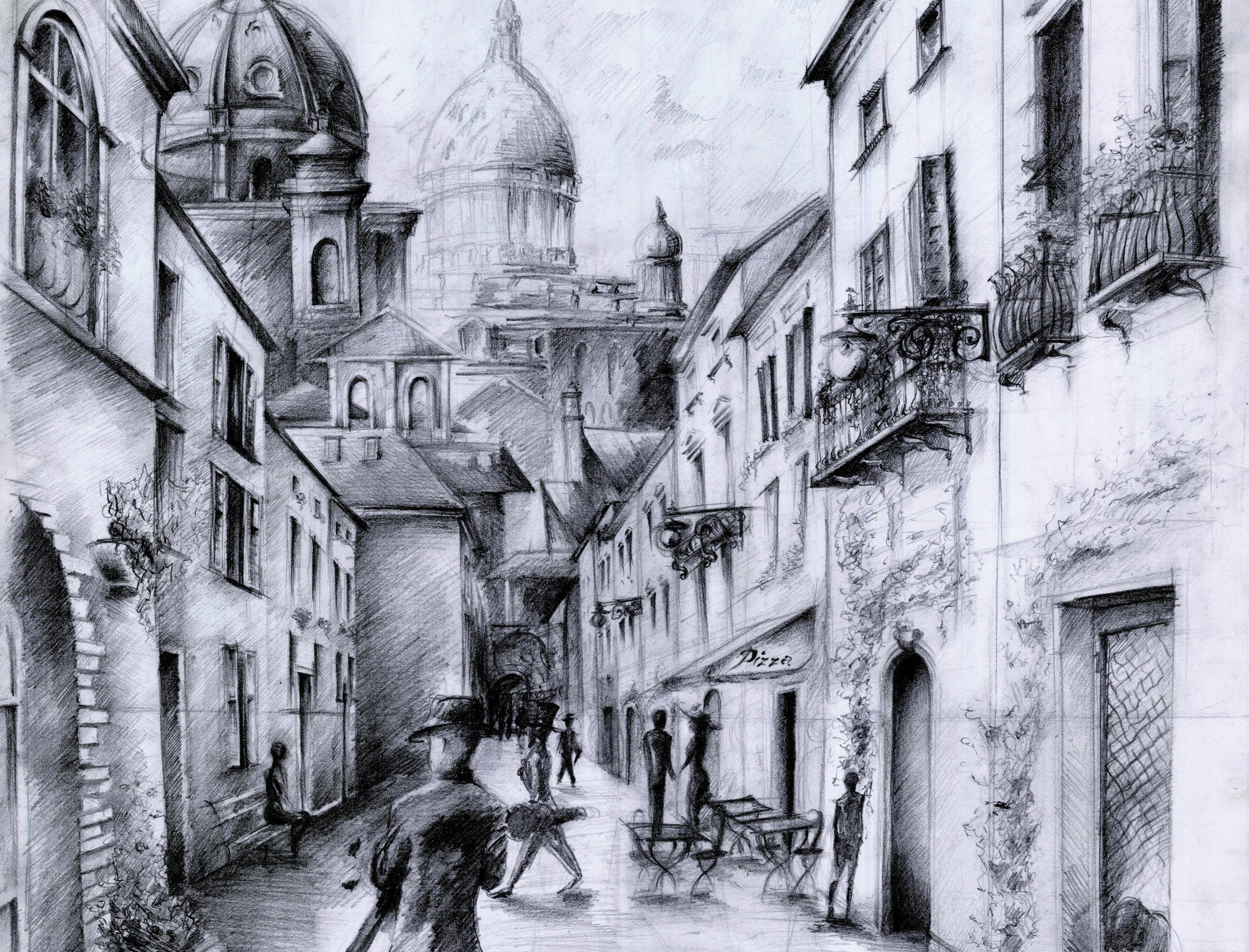 Black And White Handmade Paper Cityscape Pencil Sketch Size 10X15Inch