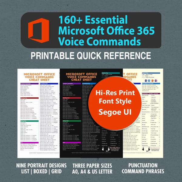 The Essential Office 365 Voice Commands Cheat Sheet - Segoe UI Font - Includes Punctuation Voice Commands - Accessibility Friendly