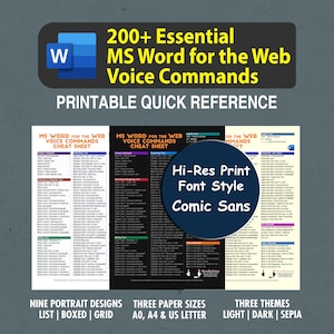 Op de afbeelding: Een printbare cheat sheet met meer dan 200 spraakopdrachten voor Microsoft Word voor het web. De cheat sheet is beschikbaar in drie thema's: licht, donker en sepia. Het is ook beschikbaar in drie papierformaten: A0, A4 en US Letter. Het lettertype is Comic Sans.