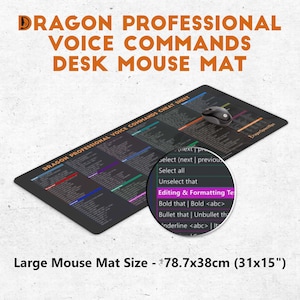 May include: A black desk mouse mat with a gray and white design featuring a list of voice commands for a computer program. The text on the mat reads "DRAGON PROFESSIONAL VOICE COMMANDS CHEAT SHEET". The mat is 31 inches by 15 inches.