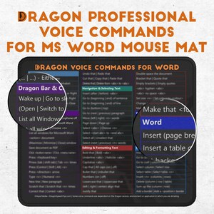 May include: A black mouse pad with a white border and text that reads "Dragon Professional Voice Commands for MS Word Mouse Mat". The mouse pad features a list of voice commands for Microsoft Word, including navigation, selecting text, editing and formatting text, and inserting elements like page breaks and tables.