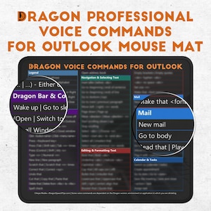 Op de afbeelding: Een zwarte muismat met een witte rand en de tekst "Dragon Professional Voice Commands for Outlook Mouse Mat" in wit. De muismat is verdeeld in secties met verschillende spraakopdrachten voor Outlook, waaronder "Mail", "Nieuwe Mail", "Naar de body gaan", "Agenda en taken" en "Tekst bewerken en opmaken".