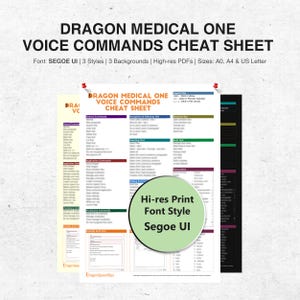 May include: Three cheat sheets for Dragon Medical One voice commands are displayed. The top sheet is pinned with red push pins. The text includes "Dragon Medical One Voice Commands Cheat Sheet" and "Hi-res Print Font Style Segoe UI".