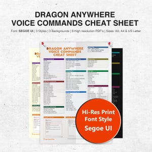 Peut inclure: Une feuille de triche pour les commandes vocales de Dragon Anywhere. La feuille est divisée en sections pour les commandes générales, la navigation et la sélection de texte, la sélection de texte, le texte automatique, les commandes d'application, l'édition et la mise en forme du texte, la publication, les commandes de vocabulaire et le texte d'exemple. La feuille est disponible en trois styles et trois arrière-plans. La police utilisée est Segoe UI.