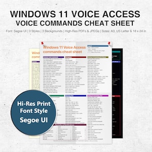 May include: A cheat sheet for Windows 11 Voice Access voice commands. The document includes common voice commands, navigation, and text editing instructions. The font style is Segoe UI, and the available sizes are A3, US Letter, and 18 x 24 inches.