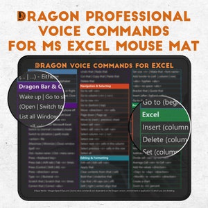 May include: A black and green mouse pad with a white border. The mouse pad features a list of voice commands for Microsoft Excel, including "Go to (beginning)", "Excel", "Insert (column)", "Delete (column)", and "Set (column)".