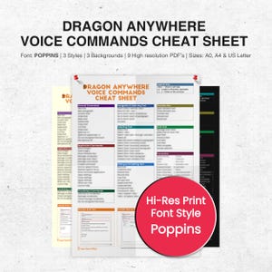 Puede incluir: Una hoja de trucos imprimible con comandos de voz para el software Dragon Anywhere. La hoja de trucos está dividida en secciones para comandos generales, navegación y selección de texto, edición y formato de texto, puntuación y comandos de aplicación. La hoja de trucos está disponible en tres estilos y tres fondos, y se puede imprimir en tres tamaños: A0, A4 y US Letter.